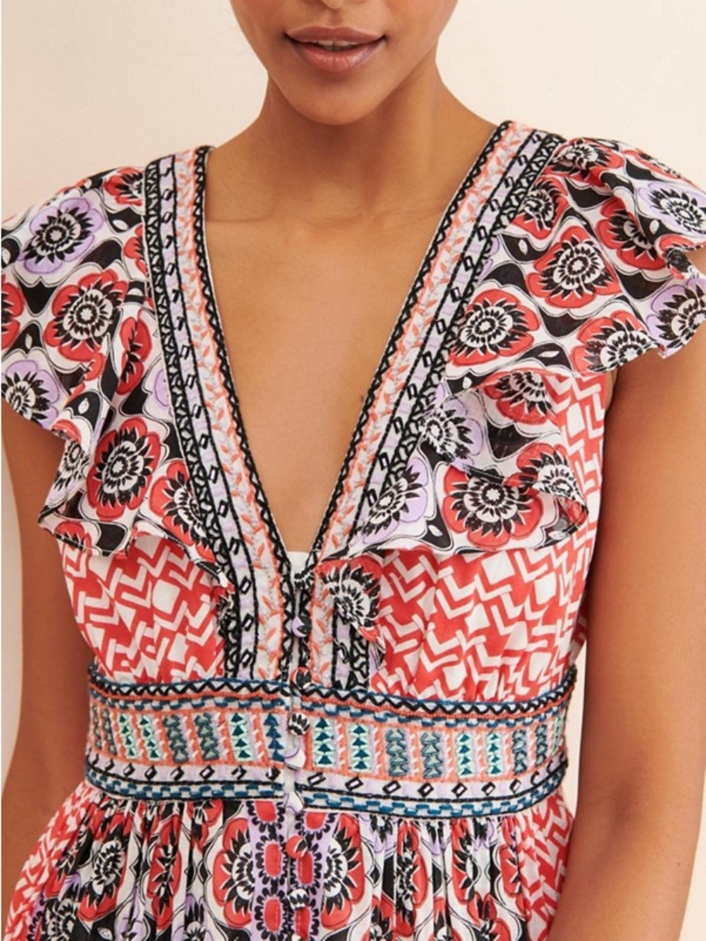 Anthropologie Flutter Printed V-Neck Mini Dress - Coral, Sz 12, guc - Picture 3 of 12
